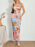 Runhufu Chic Floral& Fish Print Spaghetti Strap Long Dress Women's Summer Elegant Sleeveless O Neck Wrap Slip Bodycon Dress