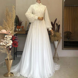 Runhufu Wedding Dresses High Neck Lace Applique Marriage Bridal Gown Moroccan Full Sleeves Lady Formal Outfits White Ivory