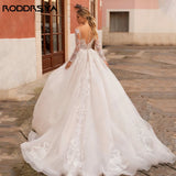 Runhufu Princess Wedding Dresses Boho Style Illusion Long Sleeves Scoop Bride Gowns Lace Applique A-Line vestidos de novia