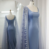 Runhufu Said Luxury Blue Mermaid Dubai Evening Dresses with Cape Sleeves Sage Green Elegant Arabic Women Wedding Party GownsSS445