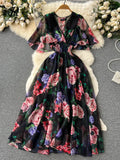 Runhufu 2024 Print Chiffon Dress Summer V Neck Elastic Sheath Long Temperament Butterfly Sleeve Fashion Floral Beach Dress