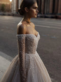 Runhufu Off The Shoulder Wedding Dress Sparkly Sequins Pearls Dress For Bride Luxury A-line Long Bridal Gown Robe De Mari¨¦e