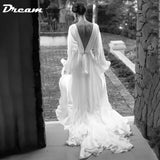 Runhufu V Neck Long Puff Sleeves Bobo Wedding Dress 2024 A Line Backless High Slit Sweep Train Simple Chiffon Bridal Gown