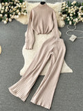 Runhufu Winter Knit Two Pieces Suits Half High Collar Full Sleeve Pullover+Wide Legs Long Pants Women 2024 Senior Striped Sets