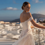 Runhufu Lace Appliques A-Line Sweetheart Wedding Dresses 2023 Off The Shoulder Backless Tulle Beach Bridal Gown Sweep Train