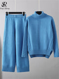 Runhufu Women Casual Fashion Sweater Sets Turtleneck Loose Thick Knit Top+Elastic Wide Leg Long Pants Winter Two Pieces Suits