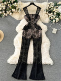 Runhufu Strap Embroidery Long Jumpsuits Fashion Ladies Sleeveless Slim High Quality Transparent Backless Lace Sexy Rompers