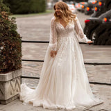 Runhufu A-line Plus Size Wedding Dresses 2023 for Women Tulle Long Sleeve V-neck Appliques Bridal Gown Elegant Robe de Mariee