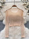 Runhufu Pearls Beadings Women Blouse O Neck Long Sleeves Mesh Sheer High Quality Korean Style Fashion Hotsweet Streetwear Tops