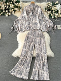 Runhufu American Fashion Senior Suits Bow Collar Batwing Sleeve Top+Pleated Long Pant 2024 Women Casual Loose Printed Sets