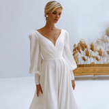 Runhufu V-Neck Wedding Dress Long Sleeve A-Line Pleats Pears Simple Chiffom Bride Gown Backless Zipper Train Vestido De Novia