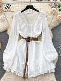 Runhufu 2024 Spring Holiday Beach Dress Ladies V Neck Sashes Sweet Midi Lace Up Korean Ins Ruffles White Vintage Party Dress