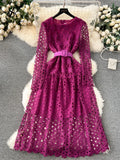 Runhufu Senior Lace Long Dress 2024 New Style Hollow out Design Fashion Women O Neck Long Sleeve Slim Belt A-Line Party Dress