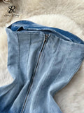Runhufu Summer Gradient Strapless Sexy Denim Dress Women Sleeveless Bodycon Jeans Sundress Fashion Split Backless Long Dress