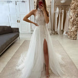 Runhufu Halter Lace Wedding Dresses Appliques Mermaid Side Slit Bridal Gowns With Detachable Tulle Train Sexy Long Bride Dress