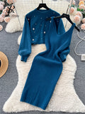 Runhufu Winter Beading Knitted Suits Women Loose Long Sleeve Beading Pullover+ Midi Dress Fashion Warm Sweater Two Piece Sets