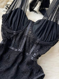 Runhufu Halter Sexy Bodysuits Ladies Lace Floral Slim Short Rompers 2024 Fashion Women Perspective Club Black Playsuits