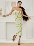 Runhufu Abstract Print Knit Strapless Bodycon Dress Vintage Off-Shoulder Bandeau Wrapped Long Dresses Beach Party Street Outfit