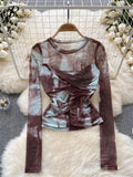 Runhufu Europe Long sleeved Mesh Sheer T-shirt Fashion Skinny Temperament Office Lady Blouse O Neck Pleated Tie Dye Print Top