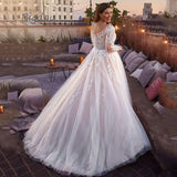 Runhufu V-Neck Wedding Dresses Plus Size Lace Long Sleeve Women White Open Back Tulle Bridal Gown Sweep Train Vestidos De Novia