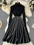 Runhufu Turtleneck Striped Pleated Knitted Dress Long Sleeve Thick Elastic Warm Dress Women Winter Vinage Chic Sweater Dress