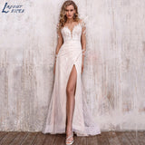 Runhufu NICEB Luxury Appliques Wedding Dress Boho Mermaid Detachable Train Side Split Three Quarter Sleeves Bride Gown Illusion