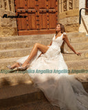 Runhufu Fashionable Bow Wedding Dresses 2024 Bride Appliques V Neck A Line Tulle High Split Button Sweep Train Custom Made