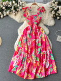 Runhufu Summer Vacation Spaghetti Strap Long Dress Women Sleeveless Ruched Elastic Backless Dress Floral Print Beach Sundress