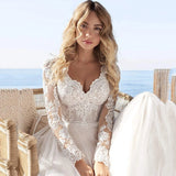 Runhufu Wedding Dresses For Women V-Neck A-Line Design Bridal Dress Full Sleeves Backless Sexy Bride Dress Tulle Appliques