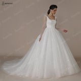 Runhufu Shinny Ivory Square Bride Wedding Dresses For Women Long Sleeves Glitter Open Back Bridal Modern Ball Gown 2024 Spring