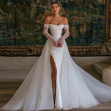 Runhufu Elegant Wedding Dresses Off The Shoulder Bridal Gowns With Detachable Train Lace Appliques Side Slit Vestidos De Novia