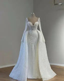 Runhufu White Mermaid Wedding Dresses With Detachable Train Long Sleeves Pearls Wedding Gowns Vestido Blanco Brides Dresses