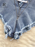 Runhufu High Quality Denim Sets Fashion Sleeveless Backless Halter Short Tank+Cross Lace up Sensual Shorts Women Sexy Suits