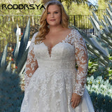 Runhufu Elegant Wedding Dresses For Woman Plus Size Long Sleeves Applique Bride Gowns A-Line V-Neck Tulle vestidos de novia