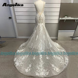 Runhufu Vintage Wedding Dress for Bride Double V Neck Classic Mermaid Sleeveless Open Back Glitter Lace Appliques Chapel Train