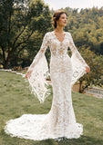 Runhufu BOHO Wedding Dresses Long Flare Sleeves Bridal Gowns Lace Appliques Floor Length Mermaid 2024 Vestidos De Novia 2024