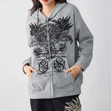 Runhufu Women Fall y2k Harajuku Hoodies 90s Vintage Graphics Wings Print Long Sleeve Oversized Sweatshirts Grunge Mall Goth Jackets