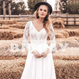 Runhufu A-Line Wedding Dress Women 2024 Lace V-Neck Open Back Long Sleeve Chiffon Boho Bridal Gown Sweep Train Vestidos De Noiva