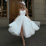 Runhufu Ivory Wedding Dresses With Pockets Tea-Length Tulle Bride Dress Strapless Slit Sexy Dress For Women 2024 Robe De Mariee