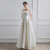 Runhufu Square Collar Satin Wedding Dresses Simple Suknia Slubna With Princess Puff Sleeves New Elegant A Line Robe De Mariee