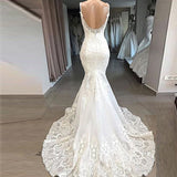 Runhufu Lace Applique Sleeveless Mermaid Wedding Dress For Bride 2023 Backless Elegant Spandex Bridal Gown V-Neck Spaghetti Strap