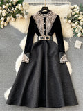 Runhufu French Retro Dress Fashion High Quality Embroidery Velvet Long Sleeves Women Elegant Belt Design A Line Court Dress