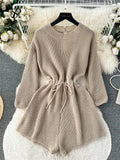 Runhufu Korean Style Casual Bodysuits O Neck Long Sleeves Hollow Out Backless Drawstring Elastic Waist Women Shorts Jumpsuits