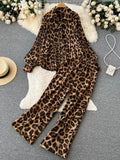Runhufu Leopard Vinage Casual Autumn Suits Loose Folds Lapel Blouse Tops+Wide Leg Long Pants Streetwear Women Two Pieces Suits