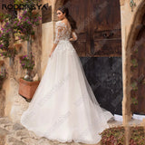 Runhufu Boho 3/4 Sleeves Wedding Dress A-Line Scoop Lace Applique Bride Gowns Sweep Train Tulle Illusion Vestidos De Novia