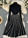 Runhufu Turtleneck Striped Pleated Knitted Dress Long Sleeve Thick Elastic Warm Dress Women Winter Vinage Chic Sweater Dress