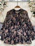 Runhufu Korean Print Chiffon Shirt Bow Neck Long Sleeves Loose Leopard Top Casual Paisley Vintage Floral Blouse Spring 2024