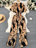 Runhufu Beach Summer Floral Jumpsuits Fashion V Neck Elastic Slim Short Sleeve 2024 Streetwear Vacation Retro Long Rompers