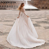 Runhufu Light Champagne Elegant Wedding Dress With Long Sleeves Scoop Illusion Bride Gowns Boho Tulle A-Line Vestidos De Novia