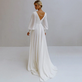 Runhufu V-Neck Wedding Dress Long Sleeve A-Line Pleats Pears Simple Chiffom Bride Gown Backless Zipper Train Vestido De Novia